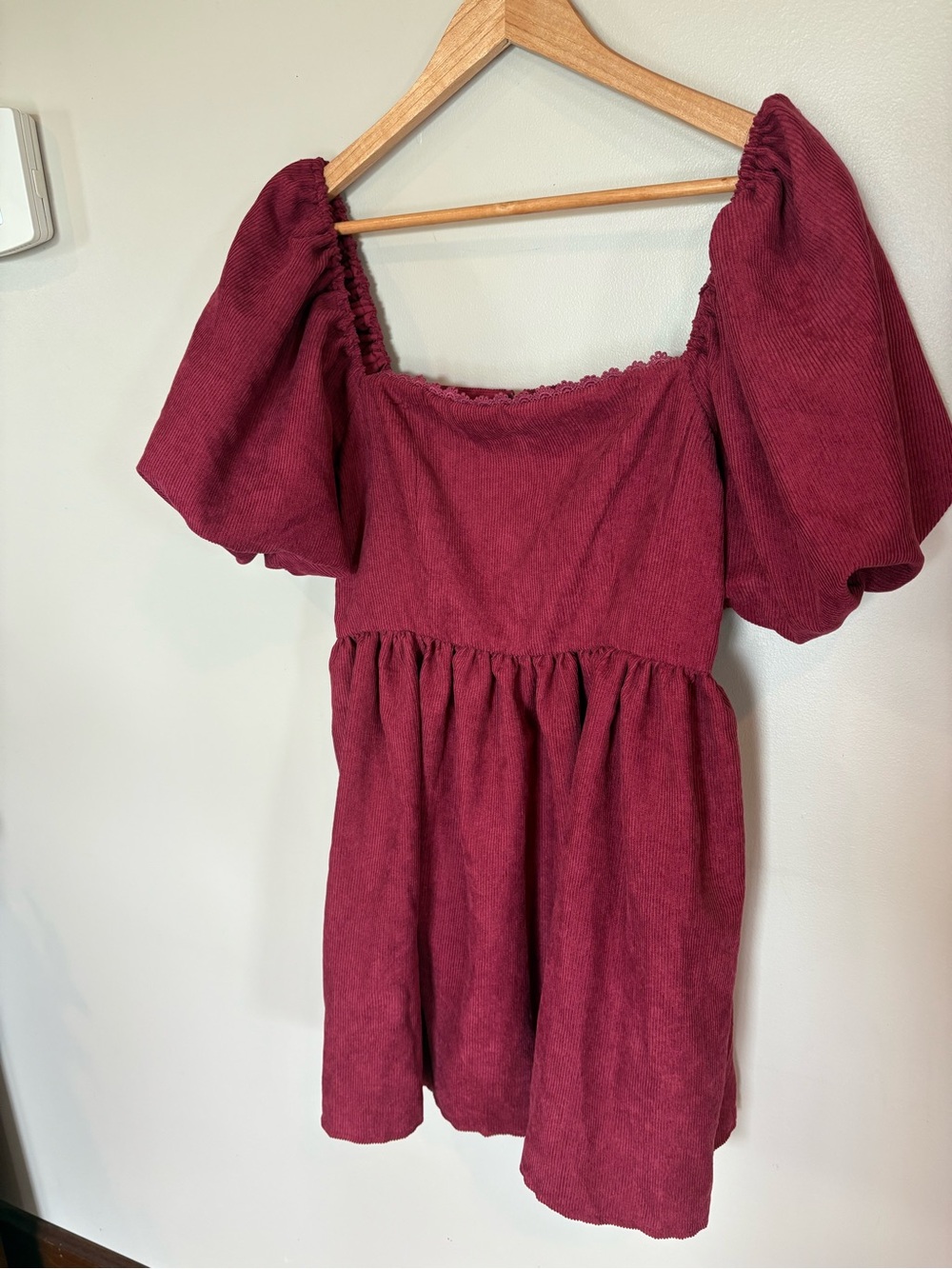 Square Neck Puff Sleeve Mini Dress - Wine Red